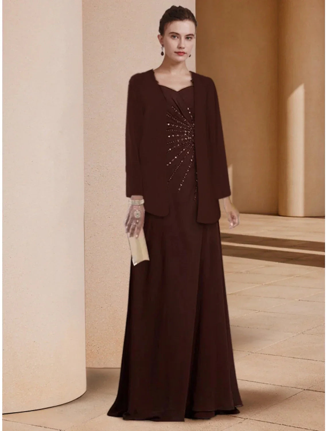 Mother Of The Bride Dress Elegant Scoop Neck Floor Length Stretch Chiffon Long Sleeve Sequin Ruched