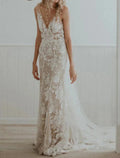 Beach Boho Wedding Dress Lace Appliques Sheath Gown For Boho Brides With V Neck Sleeveless