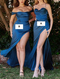 Mermaid Bridesmaid Dress Elegant Off Shoulder Sleeveless Blue Chiffon Floor Length With Split Front And Ruched Detail