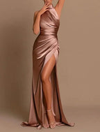 Mermaid Trumpet Evening Gown Satin Pink Halter Neck With High Split For Elegant Bridesmaids