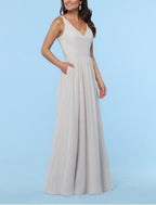Elegant Bridesmaid Dress A Line With Illusion Neck and Plunging Neckline Floor Length Chiffon