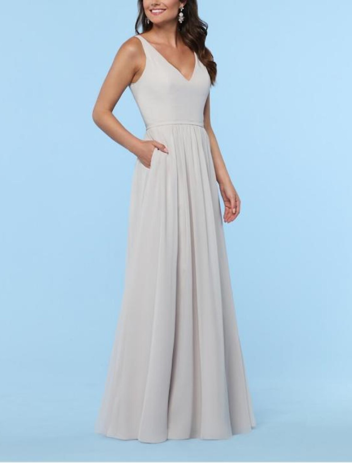 Elegant Bridesmaid Dress A Line With Illusion Neck and Plunging Neckline Floor Length Chiffon