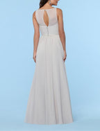 Elegant Bridesmaid Dress A Line With Illusion Neck and Plunging Neckline Floor Length Chiffon