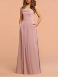 A Line Bridesmaid Dress Spaghetti Strap Sweetheart Neckline Floor Length Chiffon Shantung Pleats Ruffles Elegant Draping