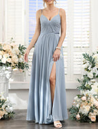 A Line Bridesmaid Dress Spaghetti Strap Elegant Chiffon Blue Floor Length With Split Front And Ruched Bodice