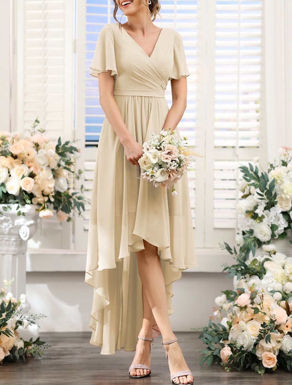Bridesmaid Dress A Line V Neck Short Sleeve Pink Chiffon With Ruched Asymmetrical Hem