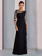 Mother Of The Bride Dress Elegant Jewel Neck Chiffon Lace Floor Length Three Quarter Sleeve With Beading Appliques