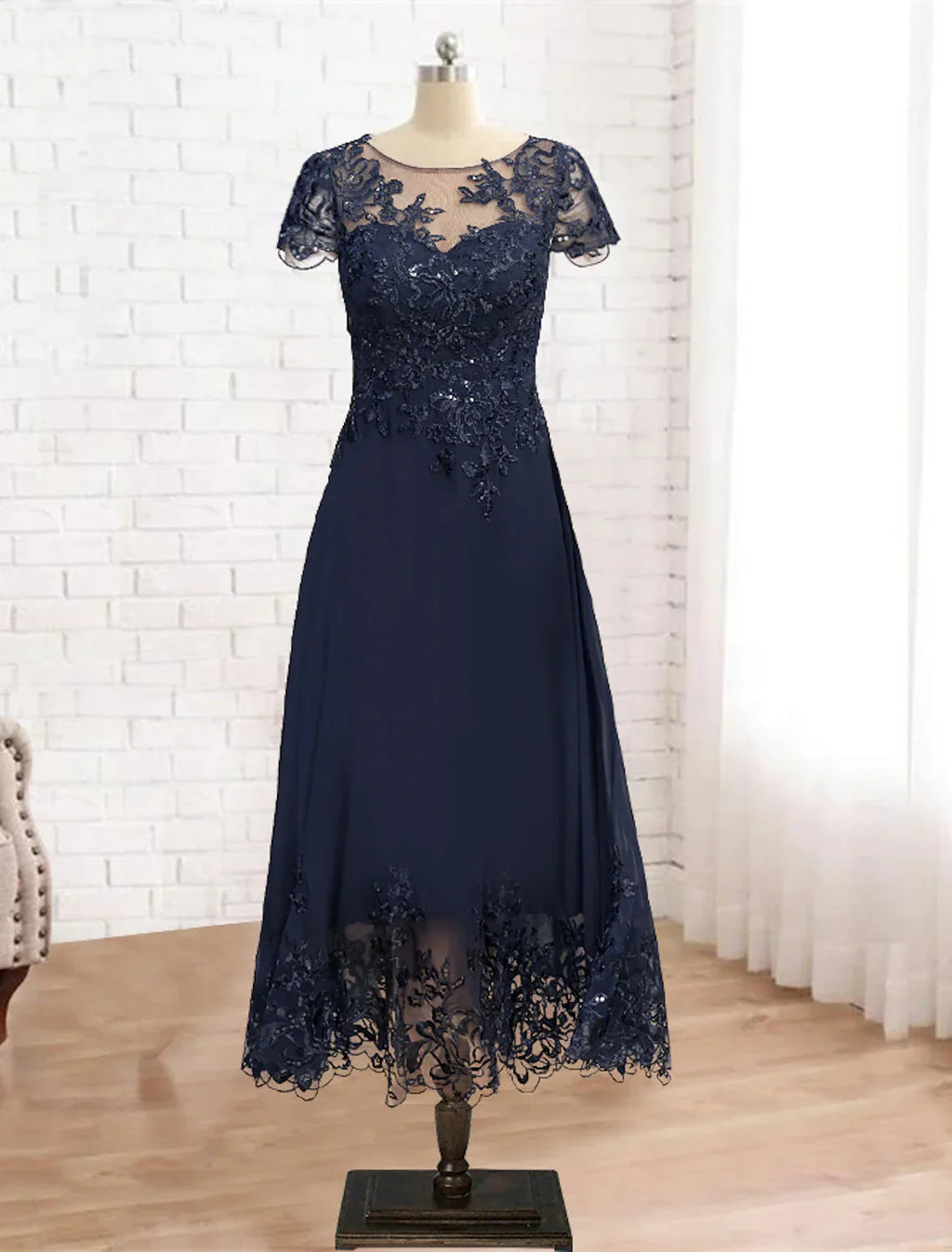 Mother Of The Bride Dress A Line Elegant Lace Tea Length With Sequin Appliques For Fall Formal Wedding Guests