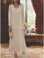 Mother Of The Bride Dress Two Piece Sheath In Chiffon With Sequins And Long Sleeve Elegant V Neck Ankle Length