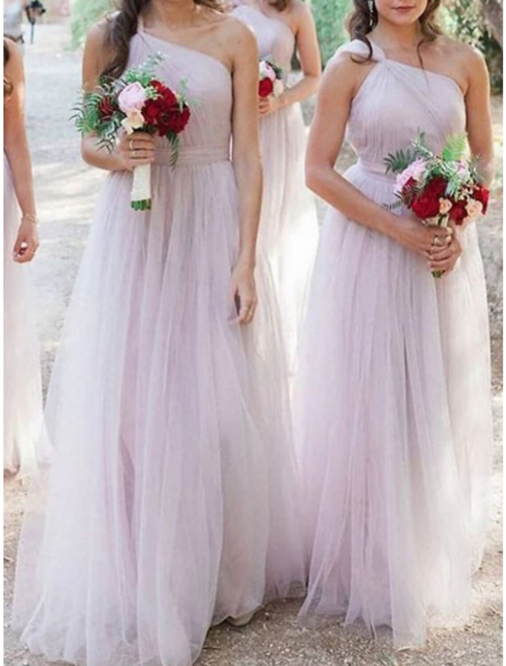Bridesmaid Dress One Shoulder Sleeveless Pink Tulle Floor Length Pleated Sheath Gown For Wedding Party