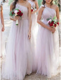 Bridesmaid Dress One Shoulder Sleeveless Pink Tulle Floor Length Pleated Sheath Gown For Wedding Party