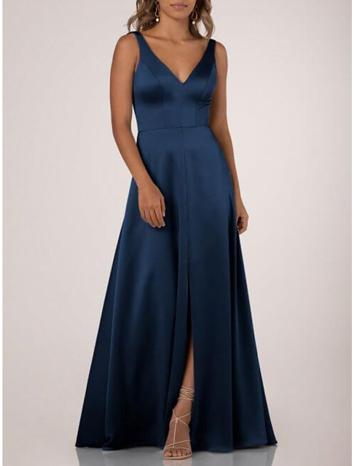 A Line Bridesmaid Dress V Neck Sleeveless Floor Length Draped Nylon Jersey Gown For Bridesmaids