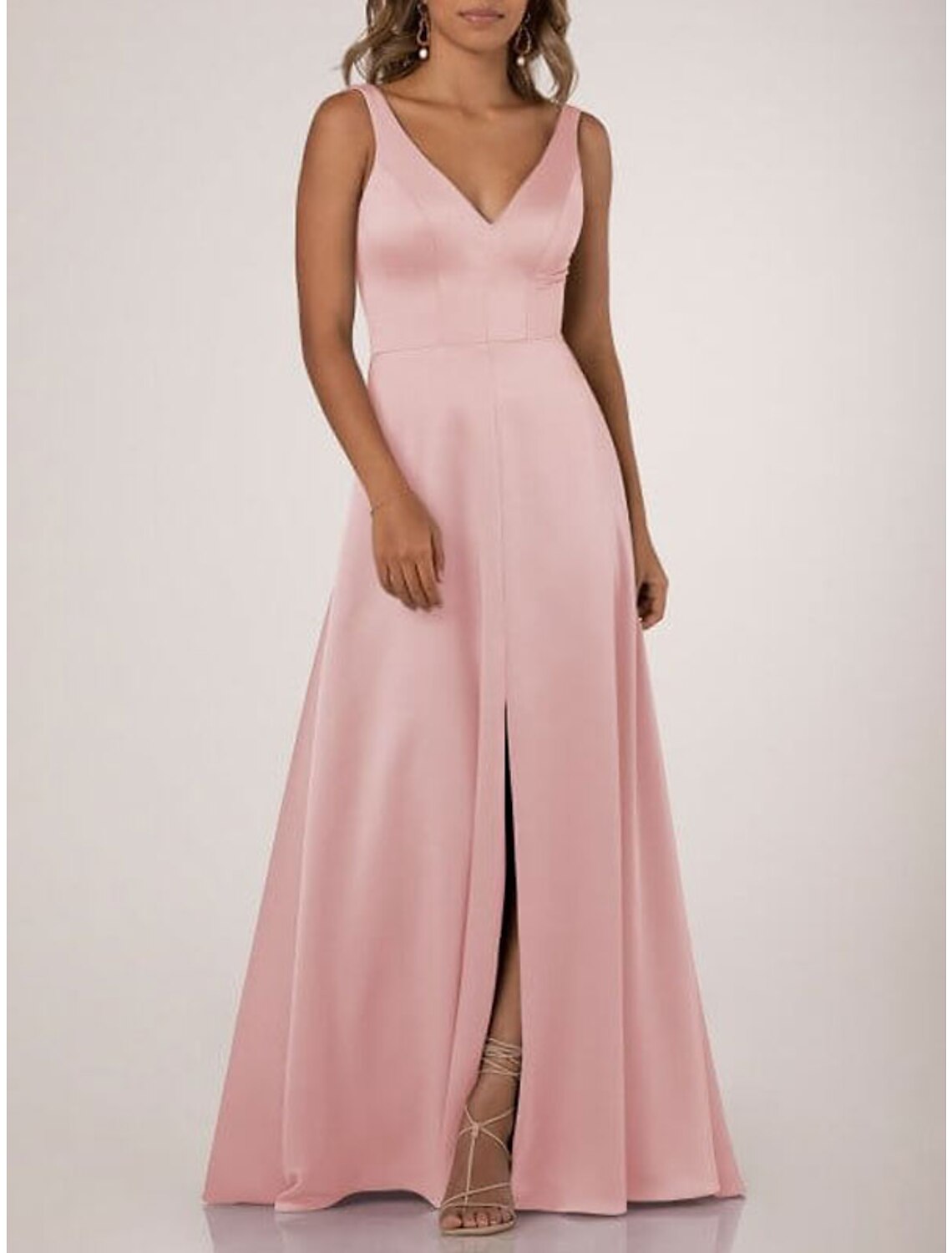 A Line Bridesmaid Dress V Neck Sleeveless Floor Length Draped Nylon Jersey Gown For Bridesmaids