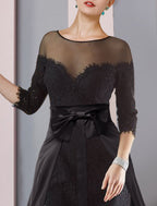 Mother Of The Bride Two Piece Elegant Dress Set Detachable Scoop Neck Chiffon Lace Knee Length Sleeves Bow Appliques