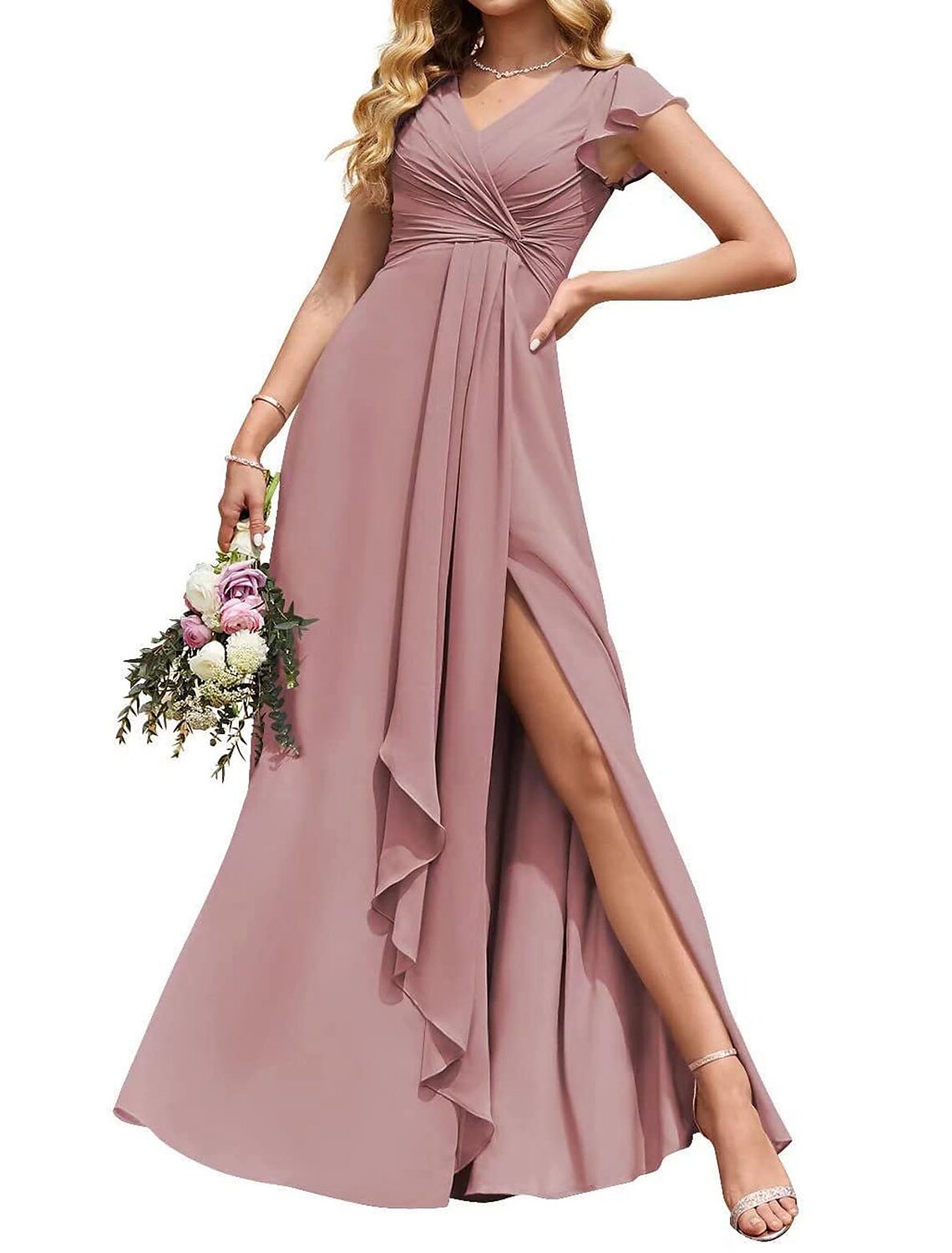 Chiffon Bridesmaid Dress With V Neck Long Silhouette Ruffled Sleeve Slit Pockets Empire Waist For Weddings