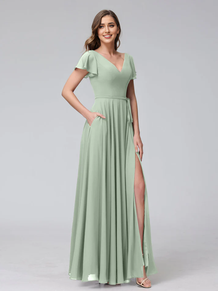 Satin Short-Sleeve V-Neck Ruched Bodice High-Slit A-Line Floor-Length Burgundy Romantic Bridesmaid Dress