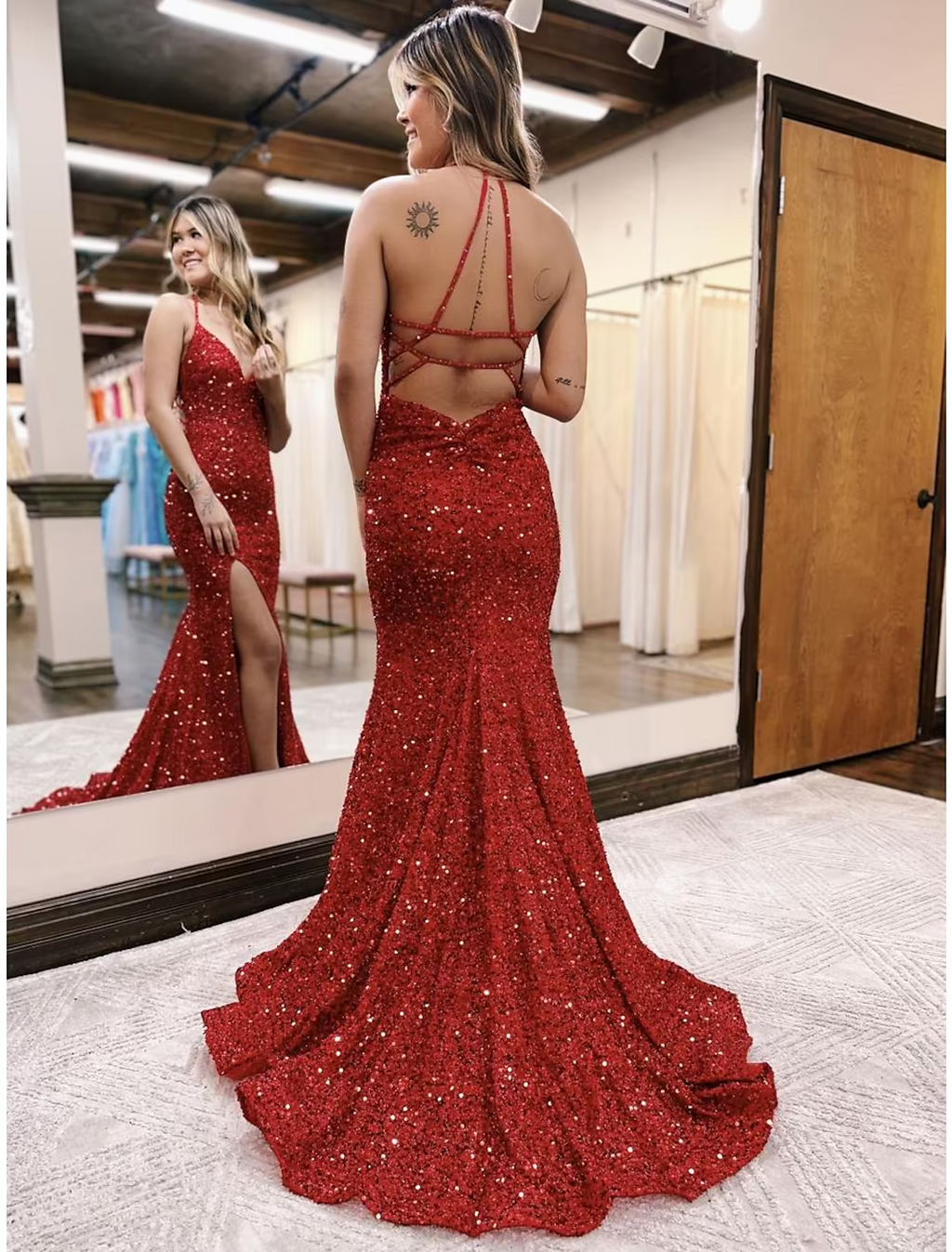 Prom Dresses Sparkle Shine Dress Formal Sleeveless V Neck Sequined Backless with Sequin Slit