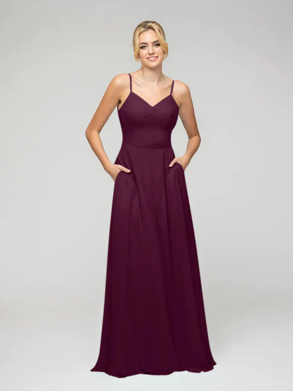 Bridesmaid Dress Spaghetti Strap Tie Back Long Chiffon Elegant Flattering Fit For Bridesmaids