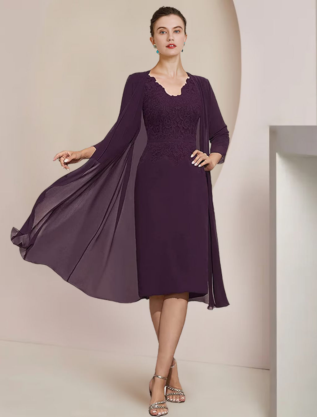 Two Piece Mother of the Bride Dress Formal Wedding Guest Elegant V Neck Knee Length Chiffon Lace Short Sleeve Dresses with Appliques