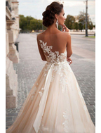 Engagement Open Back Formal Wedding Dresses Court Train A-Line Regular Straps Jewel Neck Satin With Appliques