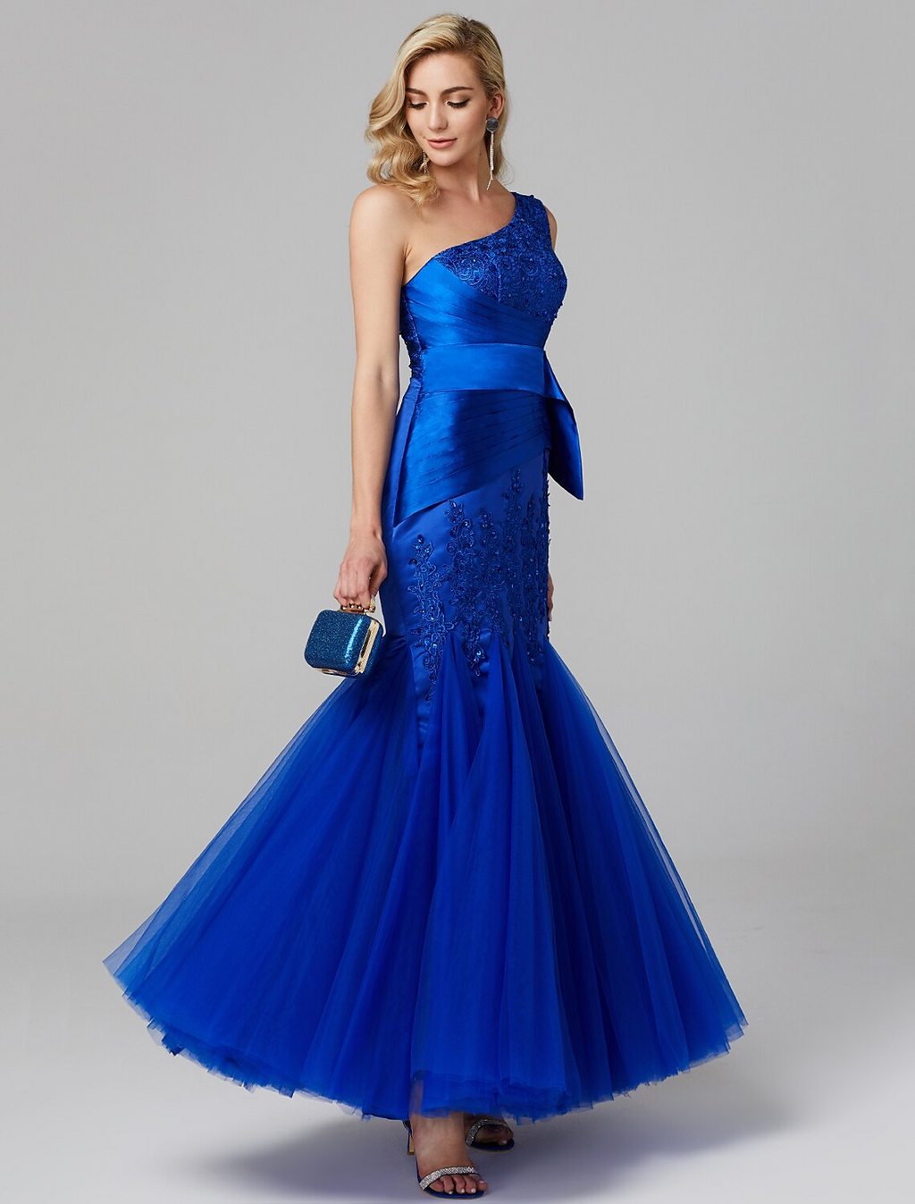 Elegant Dress Holiday Floor Length Sleeveless One Shoulder Lace Over Tulle with