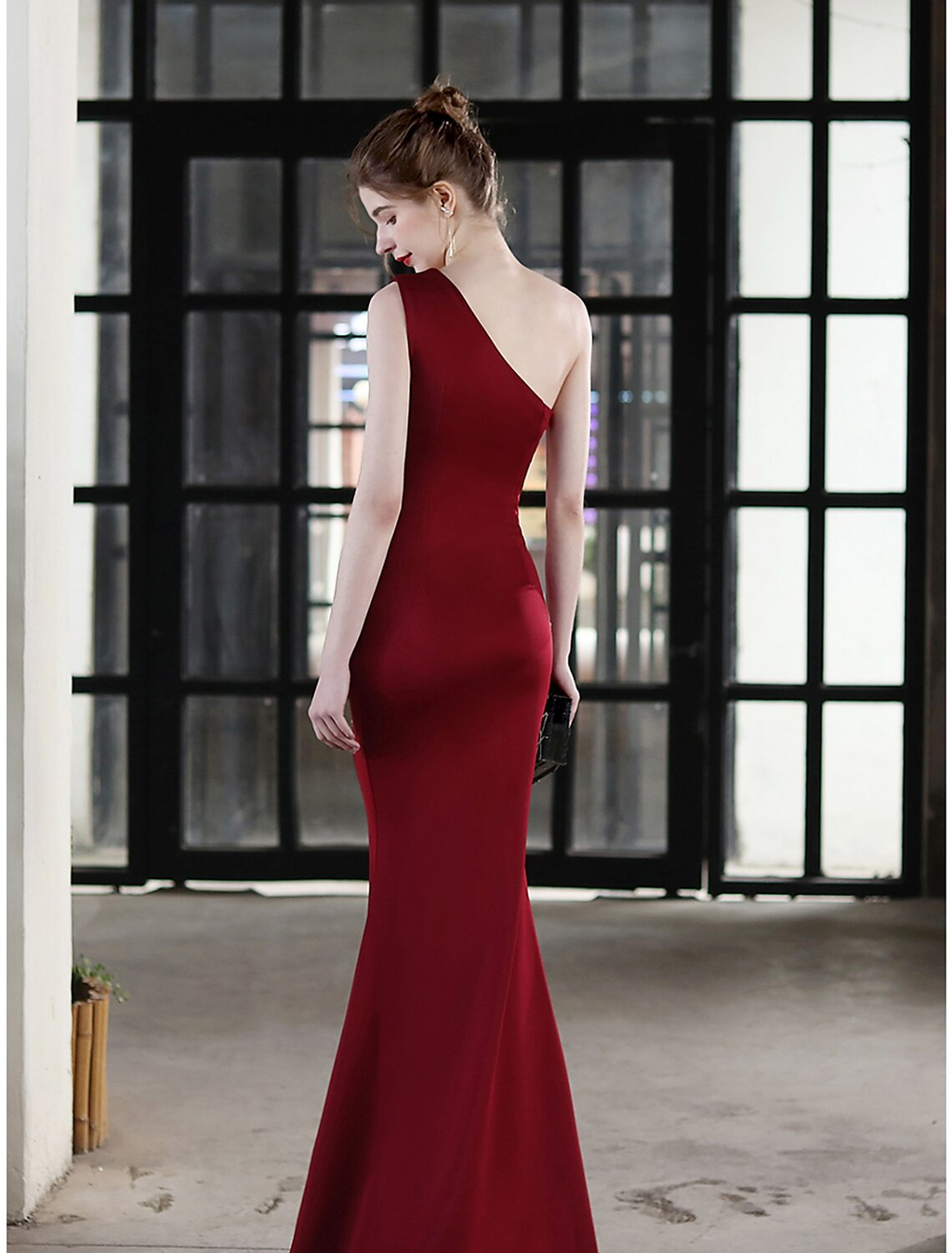 Evening Gown Sexy Dress Wedding Guest Floor Length Sleeveless One Shoulder Stretch Satin with Crystals