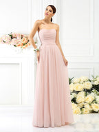 A Line Strapless Pleated Long Chiffon Bridesmaid Dress For Elegant Wedding Parties