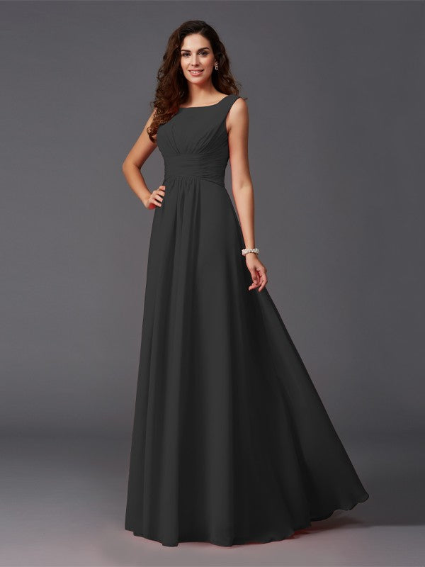 Bridesmaid Dresses Chiffon A Line Long Sleeveless Scoop Ruffle Elegant Style For Weddings