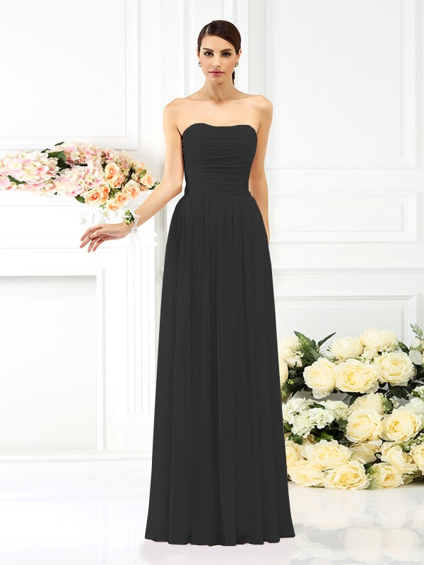 A Line Strapless Pleated Long Chiffon Bridesmaid Dress For Elegant Wedding Parties