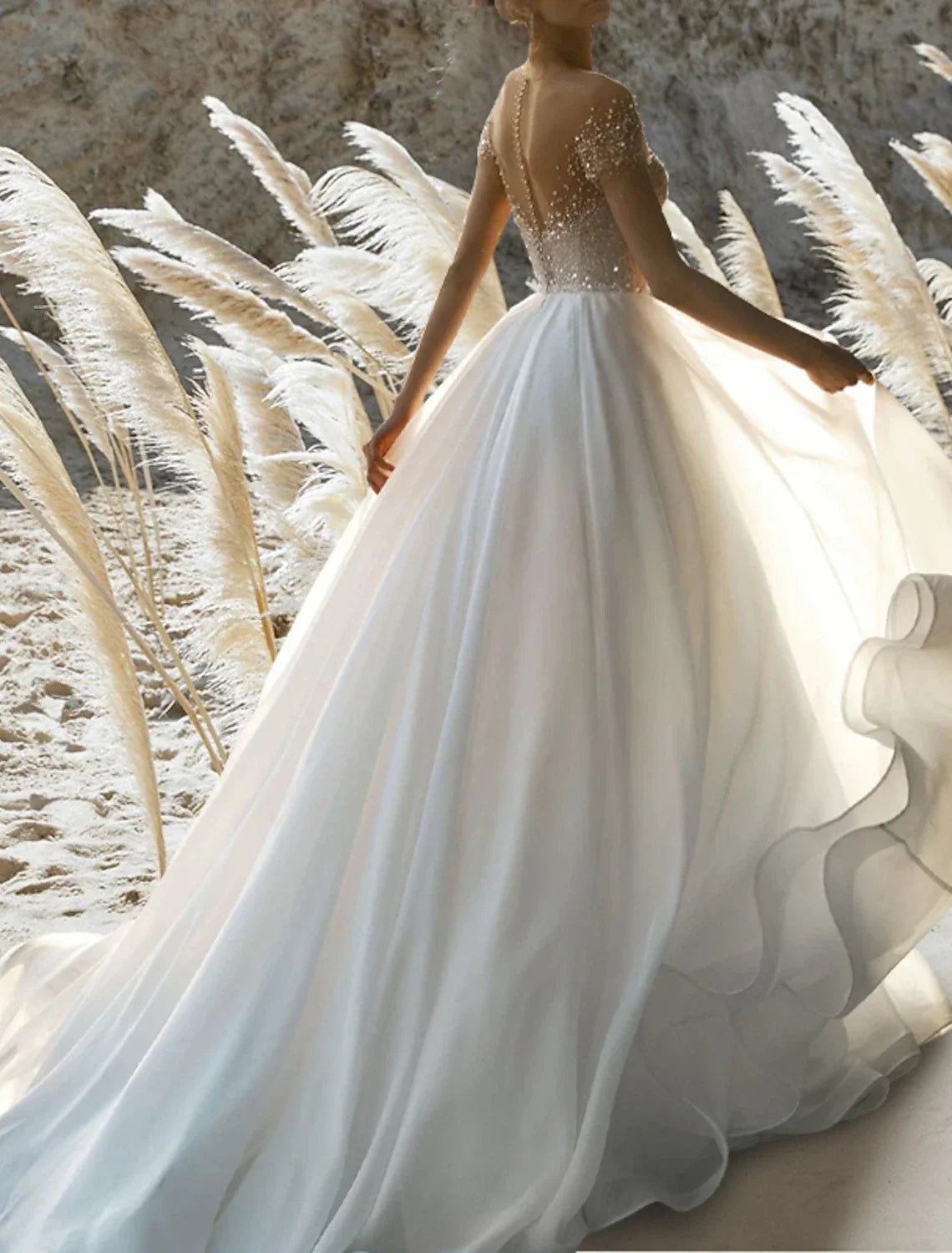 Beach Formal A Line Wedding Dress Off Shoulder Short Sleeve Beaded Chiffon Gown With Court Train For Beach Brides
