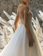 Beach Formal A Line Wedding Dress Off Shoulder Short Sleeve Beaded Chiffon Gown With Court Train For Beach Brides