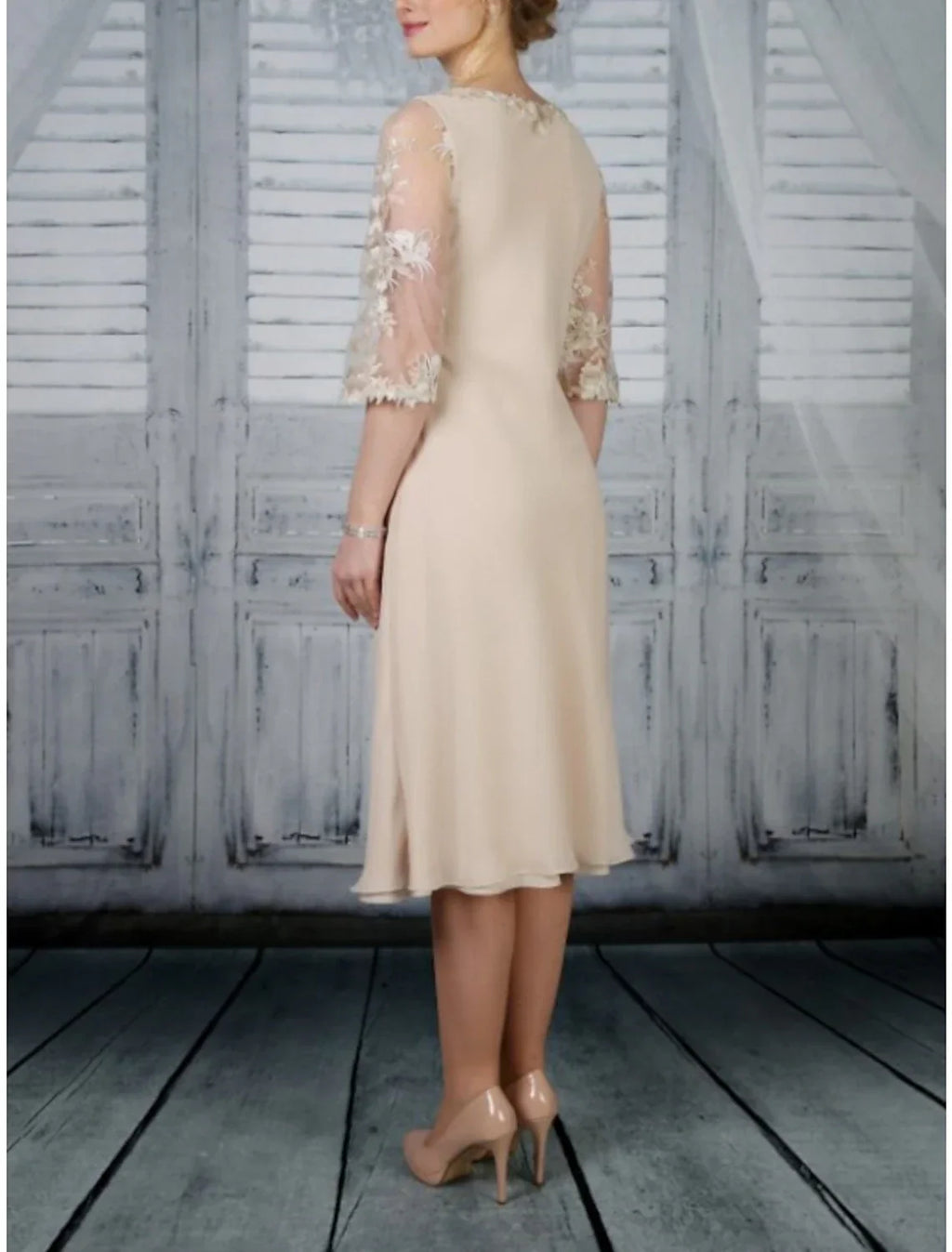 Mother Of The Bride Dress Elegant Tea Length Chiffon Lace Scoop Neck Half Sleeve With Ruffles For The Bride's Mother