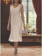 Mother Of The Bride Dress Two Piece Mermaid Trumpet Tea Length Chiffon Luxurious Beaded Sequin V Neck Sleeveless Wrap