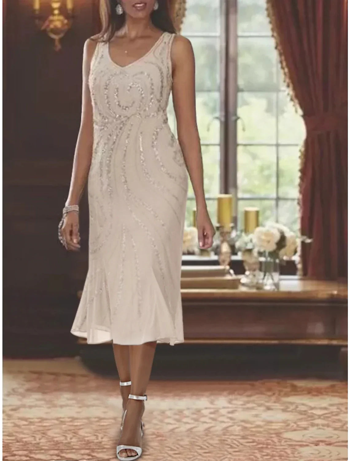 Mother Of The Bride Dress Two Piece Mermaid Trumpet Tea Length Chiffon Luxurious Beaded Sequin V Neck Sleeveless Wrap