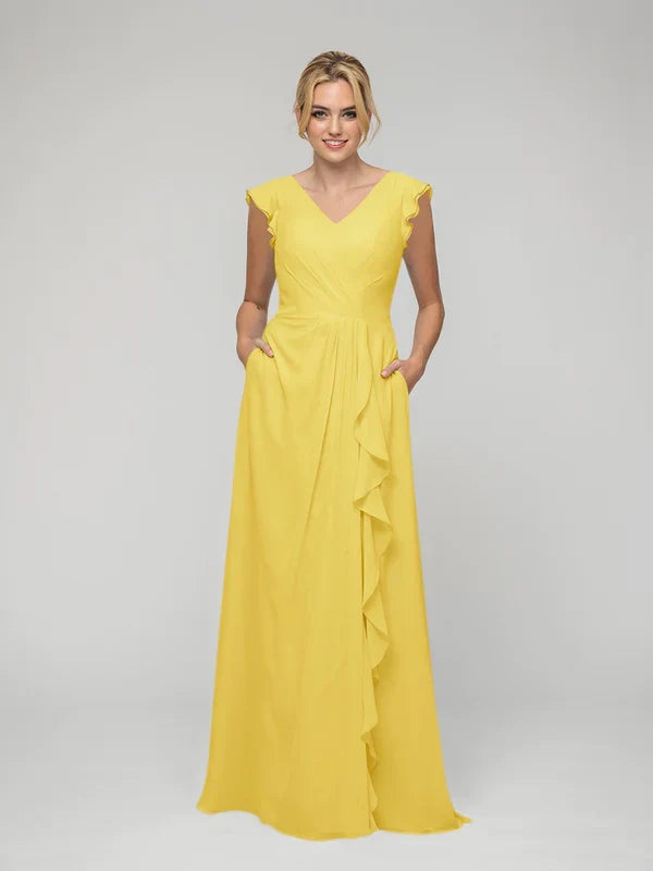 Bridesmaid Dresses V Neck Chiffon Cap Sleeves Long For Gorgeous Elegant Flattering Look For Bridesmaids