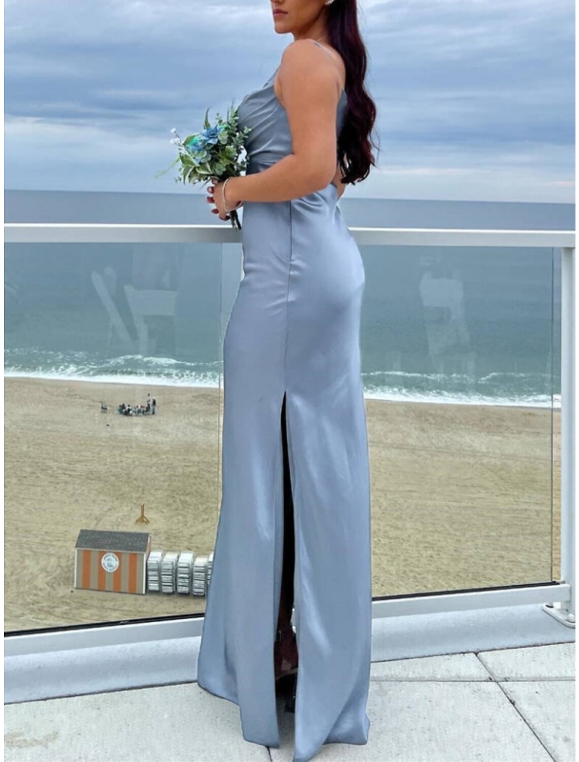 Bridesmaid Dress Sheath Floor Length Charmeuse With Spaghetti Straps Blue Ruching Split Front Elegant For Bridesmaids