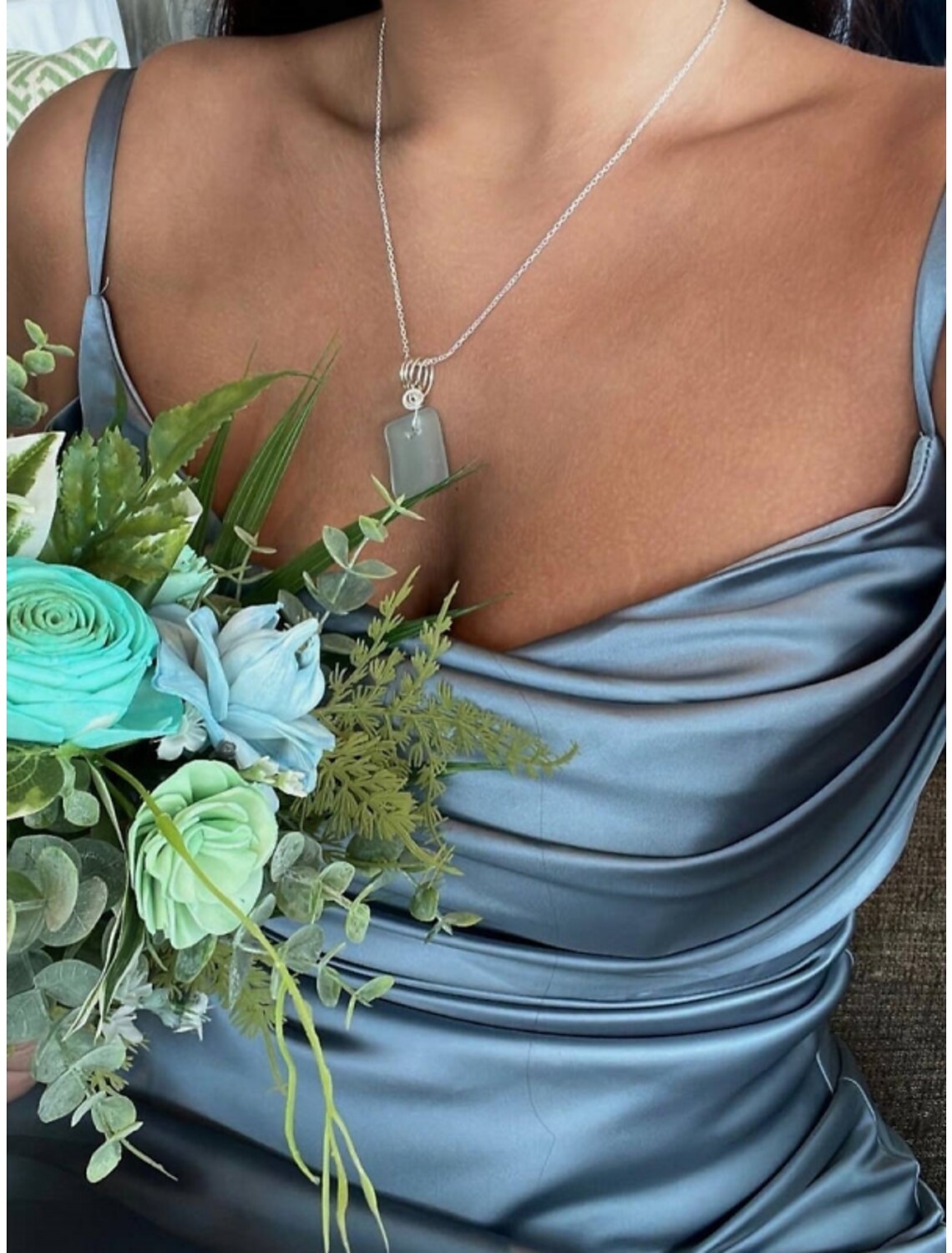 Bridesmaid Dress Sheath Floor Length Charmeuse With Spaghetti Straps Blue Ruching Split Front Elegant For Bridesmaids