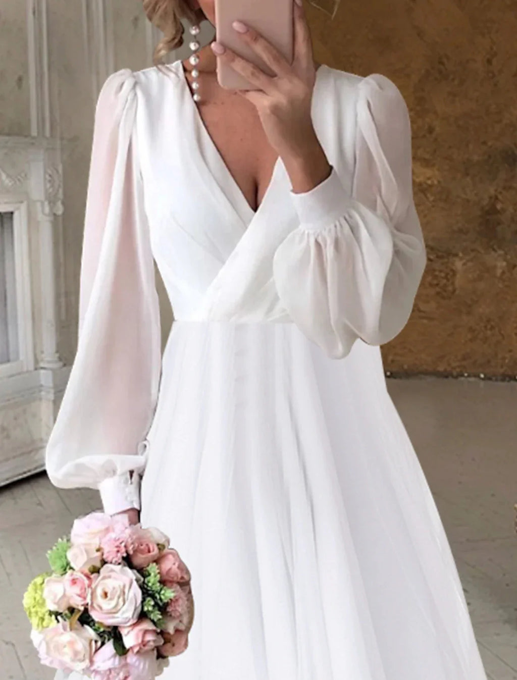 Bridal Shower Dress For Bride To Be Elegant Fall Chiffon A Line V Neck Long Sleeve Asymmetrical Gown