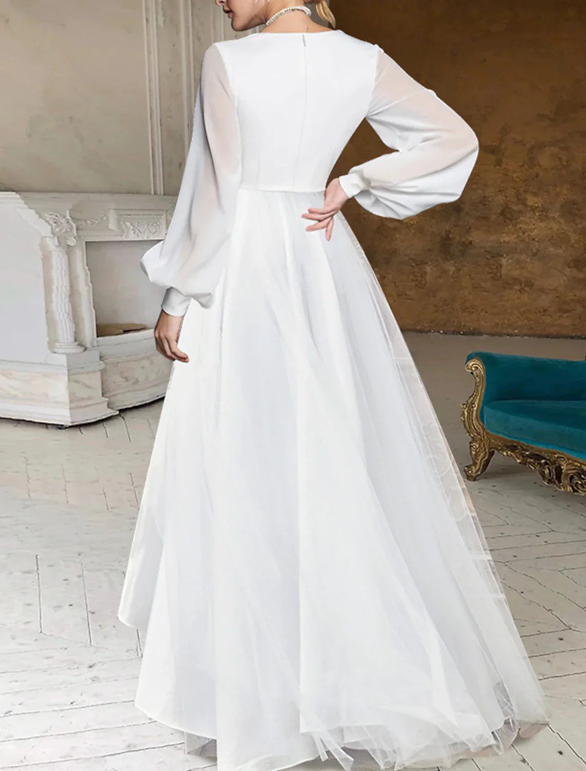 Bridal Shower Dress For Bride To Be Elegant Fall Chiffon A Line V Neck Long Sleeve Asymmetrical Gown