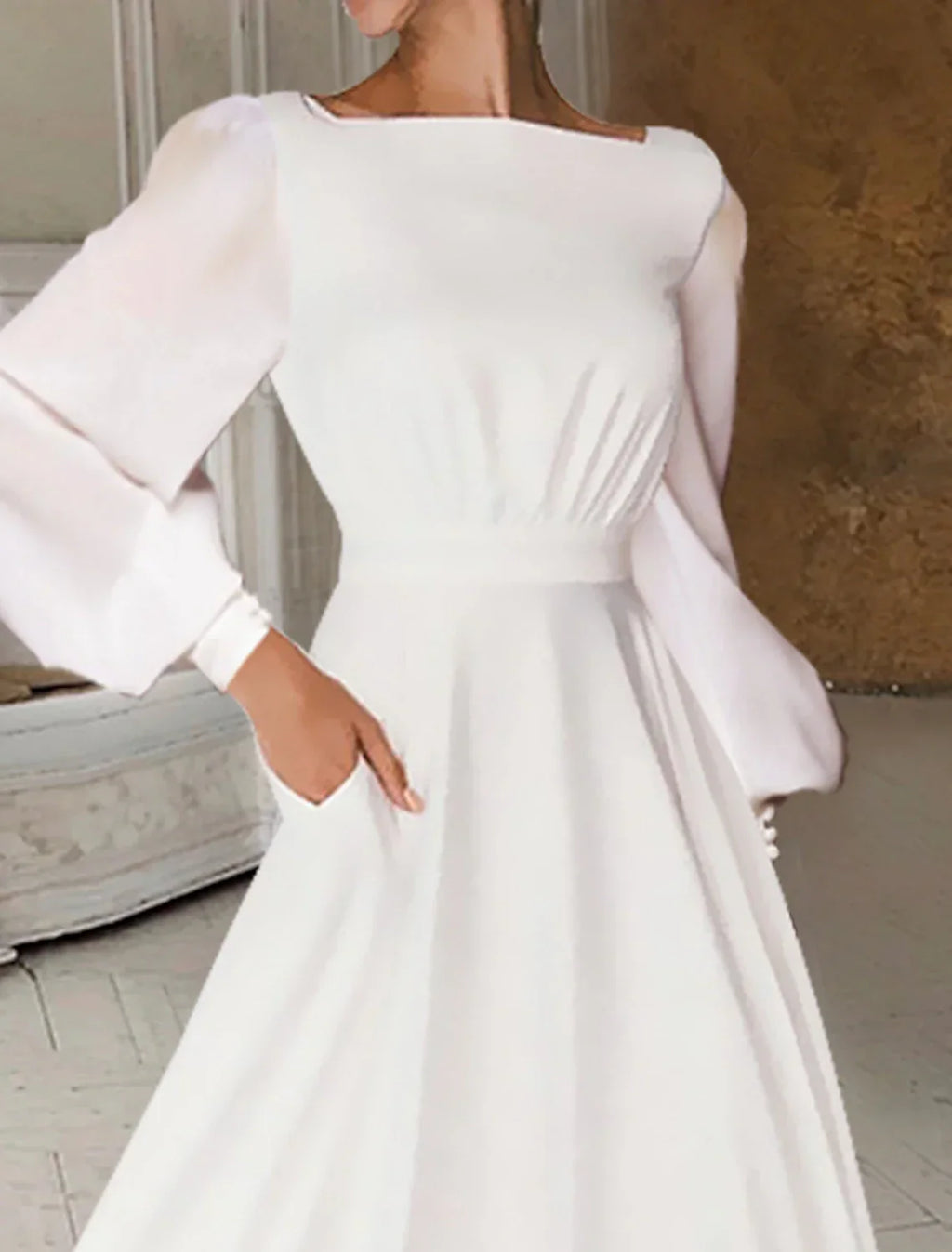Little White Dress For Bridal Shower Elegant A-Line Chiffon Gown With Scoop Neck Long Sleeves Ankle Length