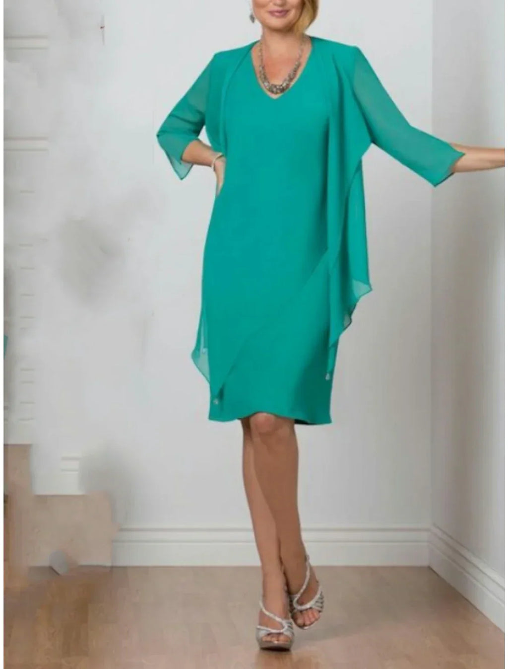 Mother Of The Bride Dress Two Piece Elegant Chiffon V Neck Knee Length Three Quarter Sleeve Fall Wedding