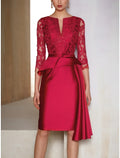 Elegant Mother Of The Bride Dress Satin Lace Knee Length Sheath With Bow Pleats Scoop Neck For Mothers Of The Bride