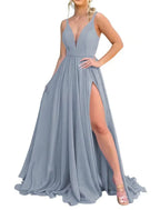 Bridesmaid Dresses A Line V Neck Slit Chiffon Pleated Long Formal Evening Gown For Wedding Party