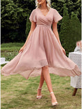 Elegant Pleated High Low V Neck Short Sleeve Chiffon Bridesmaid Dresses Gown for Wedding Party