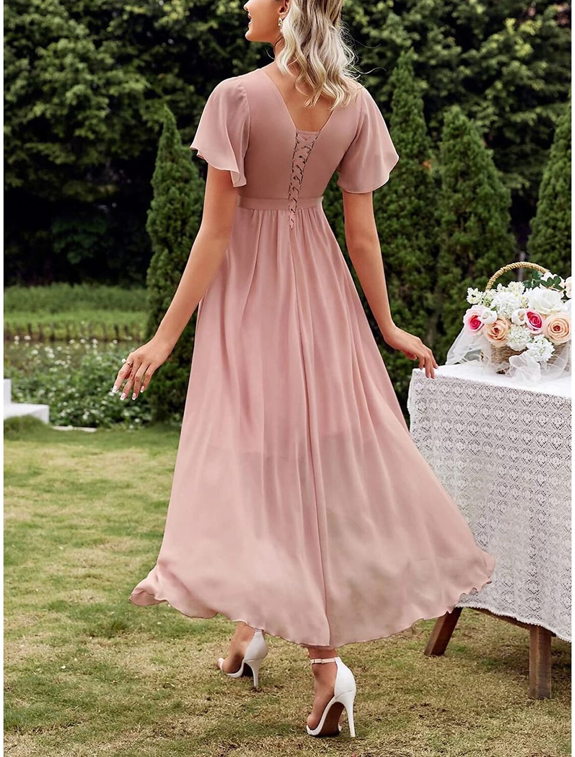 Elegant Pleated High Low V Neck Short Sleeve Chiffon Bridesmaid Dresses Gown for Wedding Party