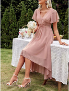 Elegant Pleated High Low V Neck Short Sleeve Chiffon Bridesmaid Dresses Gown for Wedding Party