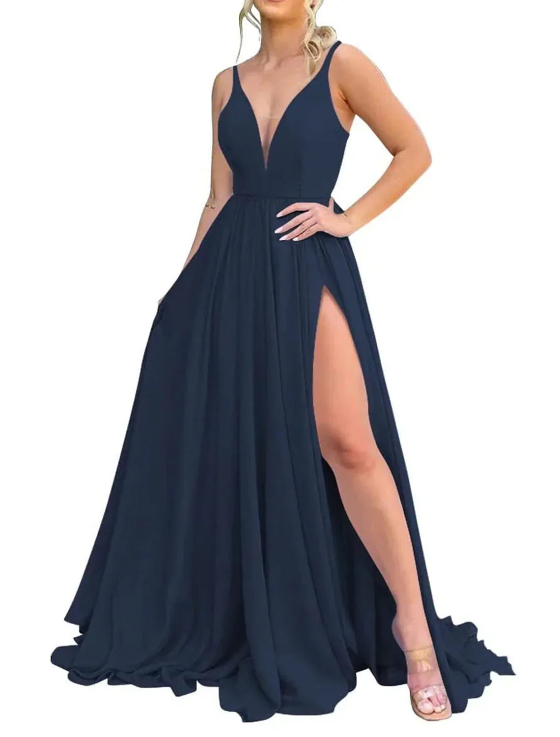 Bridesmaid Dresses A Line V Neck Slit Chiffon Pleated Long Formal Evening Gown For Wedding Party