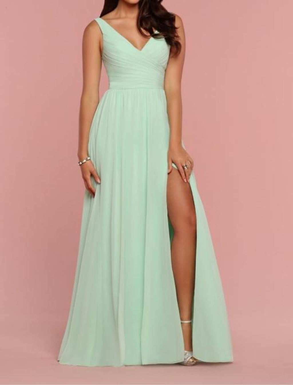 A Line Bridesmaid Dress With Plunging V Neck Open Back Floor Length Chiffon Elegant Draping Pleats