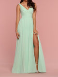 A Line Bridesmaid Dress With Plunging V Neck Open Back Floor Length Chiffon Elegant Draping Pleats