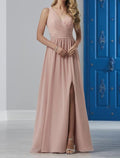 Elegant A-Line Bridesmaid Dress V-Neck Pink Floor Length Chiffon With Pleats Crystals Draping